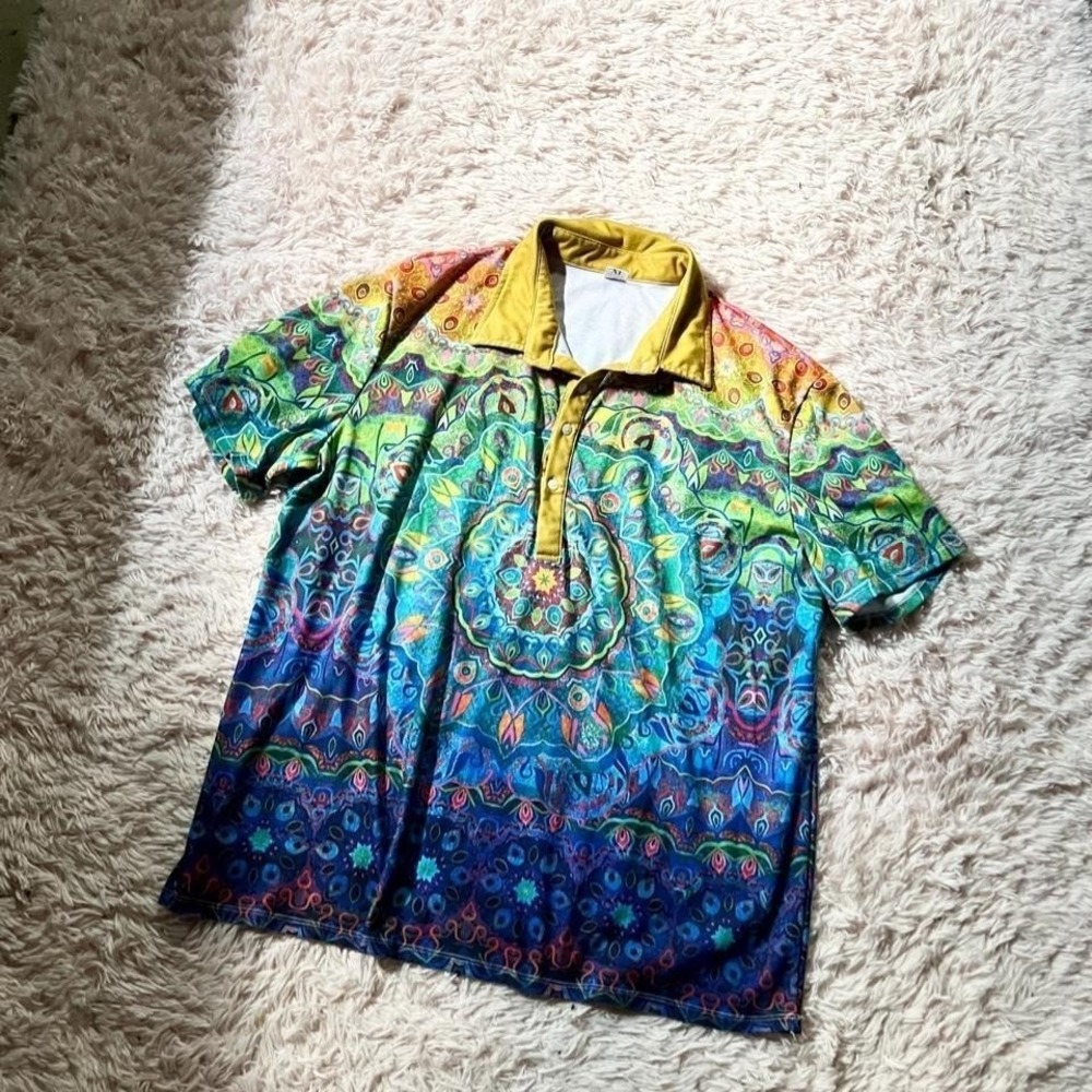 Rainbow Colorful‎ Mandala Pride Hippie Boho Polo Top Mens XL Eccentric Hipster